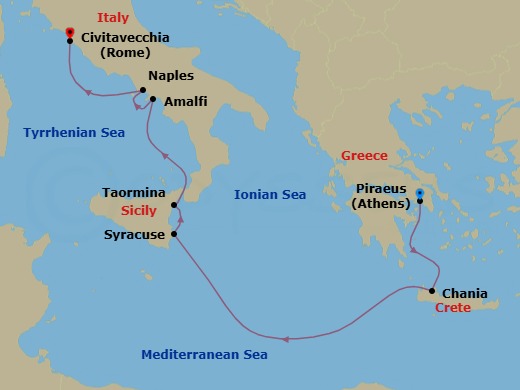 7 Night - Athens (Piraeus) / Rome (Civitavecchia) - Evrima - Starting in Athens (Piraeus), Chania, Crete, Siracusa, Sicily, Taormina (Naxos), Sicily, Amalfi, Naples, Rome (Civitavecchia) itinerary map
