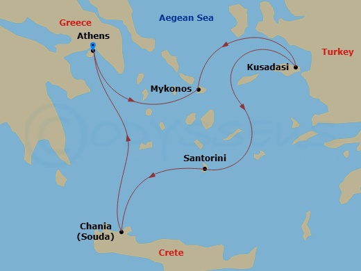 Evrima - 5 Night - Athens (Piraeus) / Athens (Piraeus) - Evrima - Starting in Athens (Piraeus), Mykonos, Kusadasi, Santorini, Chania, Crete, Athens (Piraeus) itinerary map