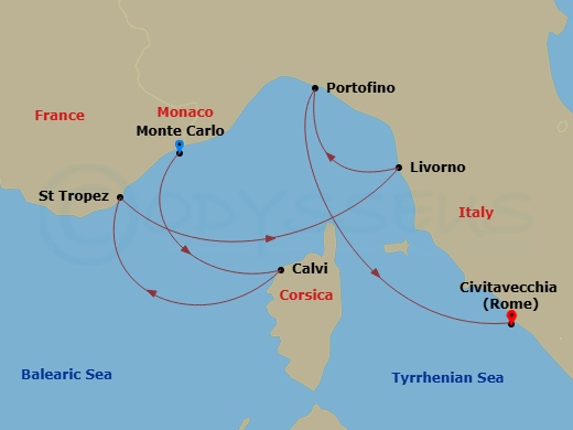 Ilma - 6 Night - Monte Carlo / Rome (Civitavecchia) - Ilma - Starting in Monte Carlo, Calvi, Corsica, Saint-Tropez, Livorno, Portofino, Rome (Civitavecchia) itinerary map