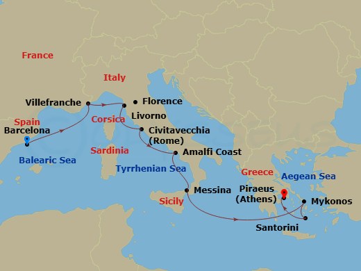NCL Norwegian Sky - 9 Night - Greek Isles, Italy, & France : European Jewels - NCL Norwegian Sky - Starting in Barcelona, Spain, Nice / Monaco (Villefranche), France, Livorno / F.. itinerary map