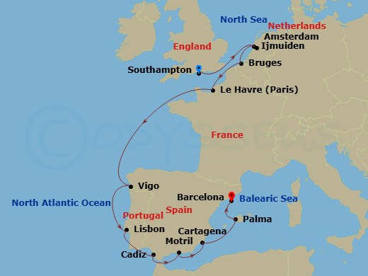 NCL Norwegian Sky - 11 Night - Europe - France & Iberia - NCL Norwegian Sky - Starting in London (Southampton), United Kingdom, Amsterdam / Ijmuiden, Netherlands, Zeebrugge / Bru.. itinerary map