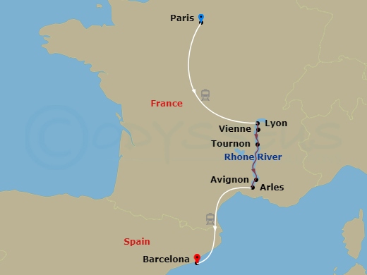AmaKristina Cruise Tours - 13 Night - Colors of Provence with Paris Pre-Cruise and Barcelona Post-Cruise - AmaKristina Cruise Tours - Starting in Paris, Vienne, Tournon, Avignon, Arles,.. itinerary map