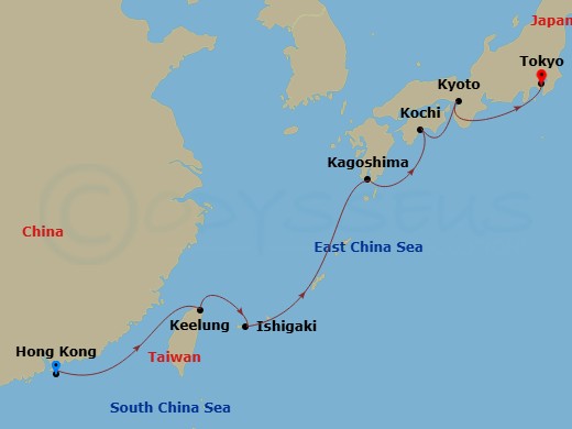 Coral Princess - 10 Night - Japan & Taiwan - Coral Princess - Starting in Hong Kong, Taipei (Keelung), Ishigaki, Japan, Kagoshima, Japan, Kochi, Japan, Osaka (for Kyoto), Japa.. itinerary map