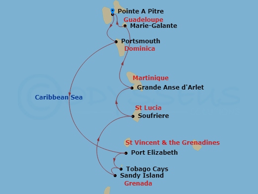 Le Ponant - 7 Night - Gliding the Waters of the Windward Islands - Le Ponant - Starting in Pointe-a-Pitre, Portsmouth UK, Port Elizabeth VC, Bequia Island, Tobago Cays, S.. itinerary map