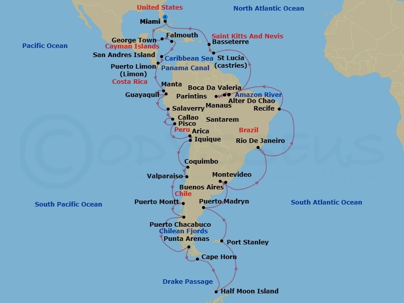 65 Night - Grand South America Mosaic - Seven Seas Voyager - Starting in Miami, Cruising the Straits of Florida, George Town, Falmouth, Cruising the Caribbean Sea, San Andres, Puerto Limon, Panama Canal Transit, Cruising the Pacific Ocean, Manta, Guayaquil, Cruising the Pacific Ocean, Salaverry, Lima (Callao), Pisco (Nazca Lines), Cruising the Pacific Ocean, Arica, Iquique, Cruising the Pacific Ocean, Coquimbo, Valparaiso, Cruising the Pacific Ocean, Puerto Montt, Puerto Chacabuco, Cruising the Chilean Fjords, Punta Arenas, Cruising by Cape Horn, Antarctica, Cruising the Drake Passage, Cruising by Paradise Bay, Antarctica, Cruising by Half Moon Islands, Antarctica, Cruising the Atlantic Ocean, Port Stanley, Falkland Islands, Cruising the Atlantic Ocean, Puerto Madryn, Cruising the Atlantic Ocean, Montevideo, Buenos Aires, Cruising the Atlantic Ocean, Rio De Janeiro, Cruising the Atlantic Ocean, Recife, Cruising the Atlantic Ocean, Alter Do Chao (Amazon River), Boca Da Valeria (Amazon River), Manaus (Amazon River), Parintins (Amazon River), Santarem (Amazon River), Cruising the Atlantic Ocean, Castries, Basseterre, Cruising the Caribbean Sea, Miami itinerary map