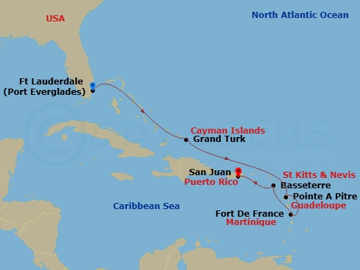 Crystal Serenity - 7 Night - The Americas & Caribbean - Crystal Serenity - Starting in Fort Lauderdale, Grand Turk, Pointe-a-Pitre, French West Indies, Fort-de-France, St Kitts.. itinerary map
