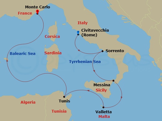 Crystal Symphony - 7 Night - Europe & Mediterranean - Crystal Symphony - Starting in Civitavecchia (Rome), Sorrento, Messina, Valletta, Tunis (La Goulette), Monte Carlo itinerary map