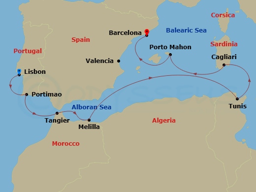 Crystal Symphony - 9 Night - Europe & Mediterranean - Crystal Symphony - Starting in Lisbon, Portimao, Tangier, Melilla, Tunis (La Goulette), Cagliari (Sardinia), Porto Mahon, V.. itinerary map