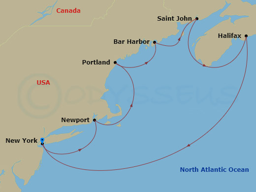 Crystal Serenity - 7 Night - North America & Canada - Crystal Serenity - Starting in New York, Newport, Rhode Island, Portland ME, Bar Harbor, Maine, Saint John NB, Halifax, New.. itinerary map