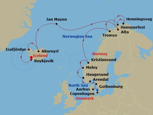 Crystal Symphony - 18 Night - Baltic & Northern Europe - Crystal Symphony - Starting in Copenhagen, Aarhus, Gothenburg, Arendal, Haugesund, Maloy, Kristiansund, Tromso, Hammerfe.. itinerary map