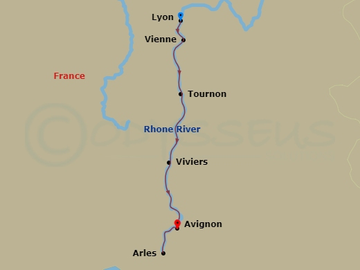 Viking Lofn - 7 Night - Lyon & Provence - Viking Lofn - Starting in Lyon, Vienne, Scenic Sailing Rhone River, Tournon, Viviers, Arles, Avignon itinerary map