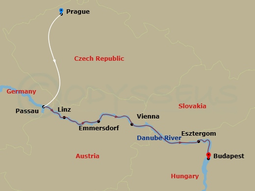 MS Amadeus Nova Cruise Tours - 10 Night - Prague Adventure and Classical Danube Cruise - MS Amadeus Nova Cruise Tours - Starting in Prague, Passau, Linz, Emmersdorf, Vienna, Esztergom, Buda.. itinerary map