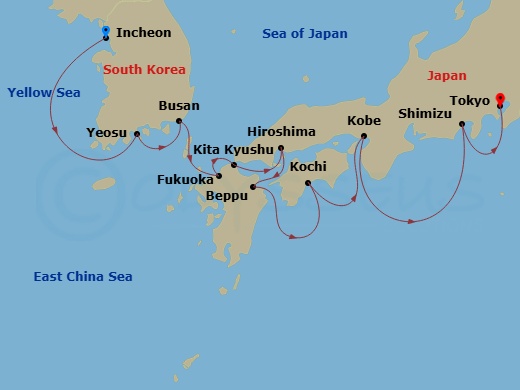 Azamara Quest - 14 Night - Japan & South Korea Cruise : Seoul, Kobe & Tokyo - Azamara Quest - Starting in Seoul (Incheon), Yeosu, Busan, Fukuoka, Kitakyushu, Hiroshima, Beppu.. itinerary map