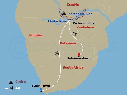 Zambezi Queen Cruise Tours - 9 Night - Discover Africa with Cruise and Land Package : Cape Town, Wildlife Cruise, Victoria Falls - Zambezi Queen Cruise Tours - Starting in Cape Town, Vict.. itinerary map