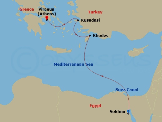 EXPLORA II - 5 Night - A Grand Journey of Historic Gateways & Cultural Treasures - EXPLORA II - Starting in Sokhna, Crossing the Suez Canal, Rhodes, Kusadasi, Piraeus (Ath.. itinerary map