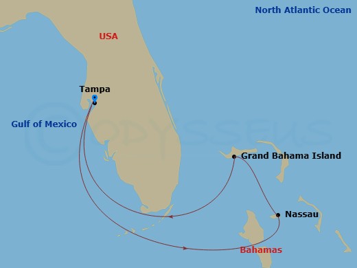Celebrity Constellation - 5 Night - Bahamas Cruise - Celebrity Constellation - Starting in Tampa, Florida, Nassau, Bahamas, Grand Bahama Island, Bahamas, Tampa, Florida itinerary map