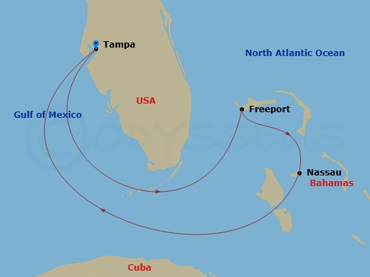 Margaritaville Islander - 5 Night - Bahamas Duo - Margaritaville Islander - Starting in Port Tampa Bay, Freeport, Grand Bahama, Nassau, Bahamas, Port Tampa Bay itinerary map