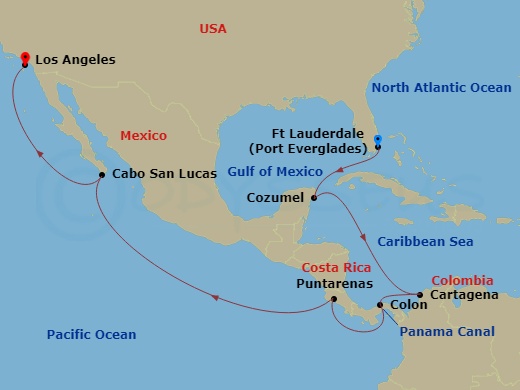 Viking Sky - 17 Night - Panama Canal & the Pacific Coast - Viking Sky - Starting in Fort Lauderdale, Florida, Scenic Sailing Gulf of Mexico, Cozumel, Mexico, Sail the Cari.. itinerary map