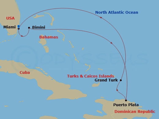 Brilliant Lady - 6 Night - Grand Turk, Puerto Plata & Bimini - Brilliant Lady - Starting in Miami, Florida, The Beach Club at Bimini, Bahamas, Puerto Plata, Dominican Republic.. itinerary map