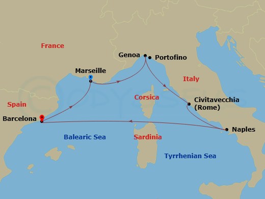 MSC Fantasia - 5 Night - Mediterranean - MSC Fantasia - Starting in Marseille (Provence), France, Genoa (Portofino), Italy, Civitavecchia (Rome), Italy, Naples (Pompeii), It.. itinerary map