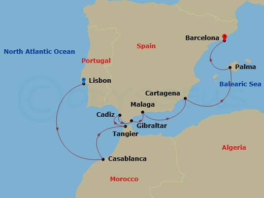 Silver Muse - 9 Night - Lisbon to Barcelona - Silver Muse - Starting in Lisbon, Casablanca, Tangier, Cadiz, Gibraltar, Malaga (Costa del Sol), Cartagena ES, Spain, Palma De.. itinerary map