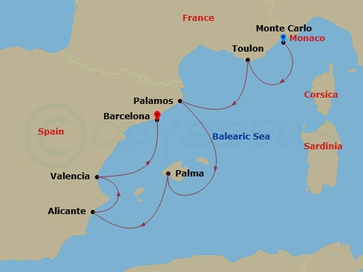 Silver Ray - 6 Night - Monte Carlo to Barcelona - Silver Ray - Starting in Monte Carlo, Toulon, Palamos, Palma De Mallorca, Alicante, Valencia, Barcelona itinerary map