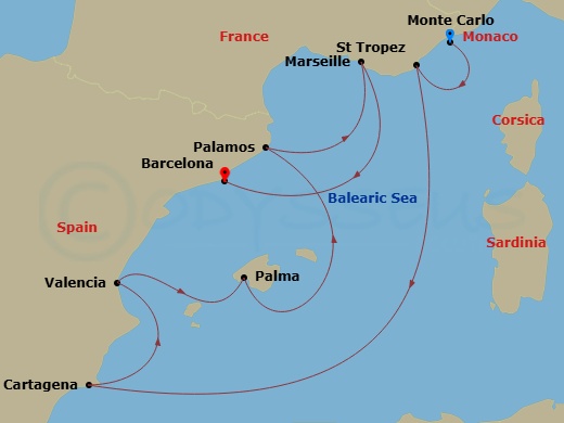 Silver Ray - 9 Night - Monte Carlo to Barcelona - Silver Ray - Starting in Monte Carlo, Saint Tropez, Cartagena ES, Spain, Valencia, Palma De Mallorca, Palamos, Marseille,.. itinerary map