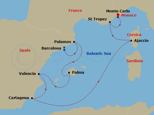 Silver Ray - 8 Night - Barcelona to Monte Carlo - Silver Ray - Starting in Barcelona, Palamos, Palma De Mallorca, Valencia, Cartagena ES, Spain, Ajaccio (Corsica), Saint T.. itinerary map