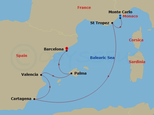 Silver Ray - 6 Night - Monte Carlo to Barcelona - Silver Ray - Starting in Monte Carlo, Saint Tropez, Cartagena ES, Spain, Valencia, Palma De Mallorca, Barcelona itinerary map