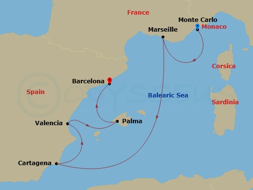 Silver Ray - 6 Night - Monte Carlo to Barcelona - Silver Ray - Starting in Monte Carlo, Marseille, Cartagena ES, Spain, Valencia, Palma De Mallorca, Barcelona itinerary map