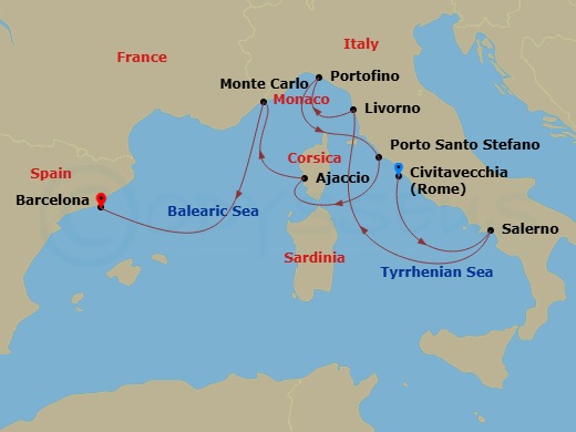 Silver Ray - 11 Night - Civitavecchia to Barcelona - Silver Ray - Starting in Civitavecchia (Rome), Salerno, Livorno (Tuscany), Portofino, Porto Santo Stefano, Ajaccio (Co.. itinerary map