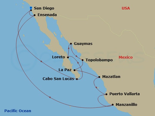 HAL Zaandam - 13 Night - Historical Baja Peninsula - HAL Zaandam - Starting in San Diego, California, Cabo San Lucas, Mexico, Loreto, Mexico, Guaymas, Mexico, Topolobampo,.. itinerary map