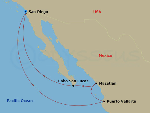 HAL Zaandam - 7 Night - Mexican Riviera - HAL Zaandam - Starting in San Diego, California, Puerto Vallarta, Mexico, Mazatlan, Mexico, Cabo San Lucas, Mexico, San Diego, Cal.. itinerary map