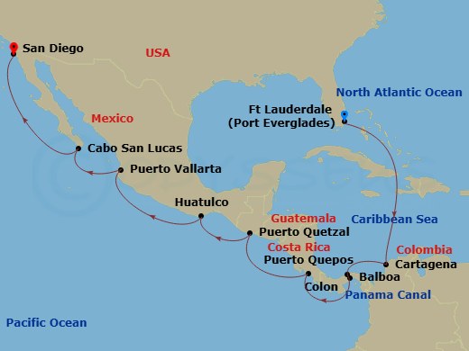 HAL Zaandam - 14 Night - Panama Canal - HAL Zaandam - Starting in Fort Lauderdale, Florida, Cartagena CO, Enter Panama Canal Cristobal, Cruising Panama Canal, Exit Panama C.. itinerary map