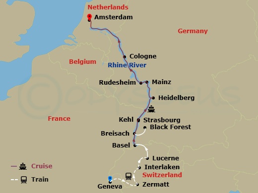 Avalon Panorama Cruise Tours - 14 Night - Swiss Splendors by Train with Romantic Rhine Cruise - Avalon Panorama Cruise Tours - Starting in Arrive in Lake Geneva, Switzerland, Lake Geneva, L.. itinerary map