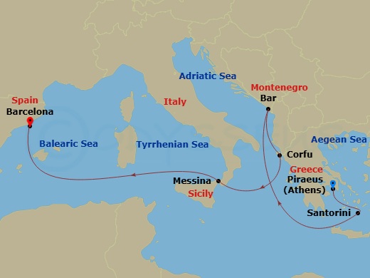 Sun Princess - 7 Night - Mediterranean with Greece & Adriatic - Sun Princess - Starting in Athens (Piraeus), Greece, Santorini, Greece, Montenegro, Corfu, Greece, Sicily (Me.. itinerary map