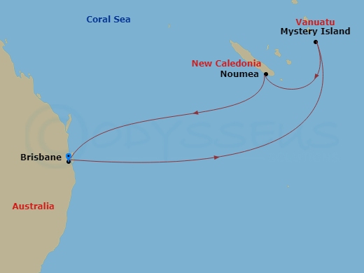 RCL Quantum of the Seas - 7 Night - South Pacific Cruise - RCL Quantum of the Seas - Starting in Brisbane, Australia, Mystery Island, Vanuatu, Noumea, New Caledonia, Brisbane, Australia itinerary map