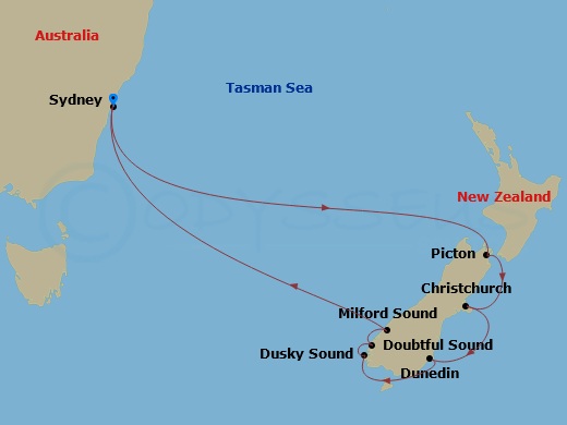 RCL Anthem of the Seas - 9 Night - New Zealand Cruise - RCL Anthem of the Seas - Starting in Sydney AU, Picton, New Zealand, Christchurch, New Zealand, Dunedin, New Zealand, Dusky Sou.. itinerary map