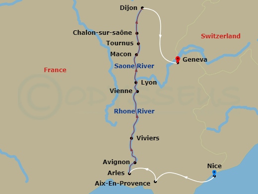 AmaCello Cruise Tours - 13 Night - Essence of Burgundy & Provence with Nice Pre-Cruise and Geneva Post-Cruise - AmaCello Cruise Tours - Starting in Nice, Aix-en-Provence, Arles, Avig.. itinerary map