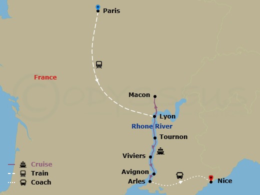 12 Night - Paris to Nice & Sensations of Lyon and Provence - Emerald Liberte - Starting in Paris, Paris / Lyon, Lyon, Macon, Tournon, Viviers, Avignon, Arles, Arles / Nice, Nice itinerary map