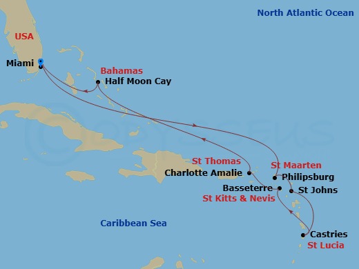 HAL Zuiderdam - 10 Night - Eastern Caribbean : Windward & Leeward Islands - HAL Zuiderdam - Starting in Miami, Florida, Philipsburg, Sint Maarten, St Johns AG, Antigua, Castr.. itinerary map