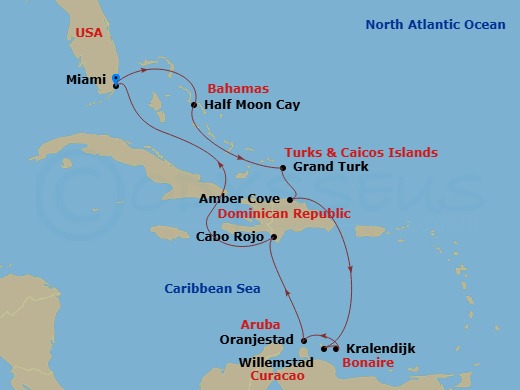 HAL Zuiderdam - 11 Night - Southern Caribbean : Amber Cove & Abc Islands - HAL Zuiderdam - Starting in Miami, Florida, RelaxAway, Half Moon Cay, Bahamas, Grand Turk, Turks an.. itinerary map