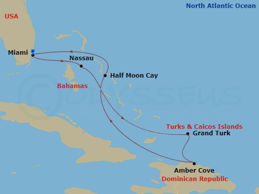 HAL Zuiderdam - 7 Night - Eastern Caribbean : Amber Cove & Bahamas - HAL Zuiderdam - Starting in Miami, Florida, RelaxAway, Half Moon Cay, Bahamas, Amber Cove, Dominican Repu.. itinerary map