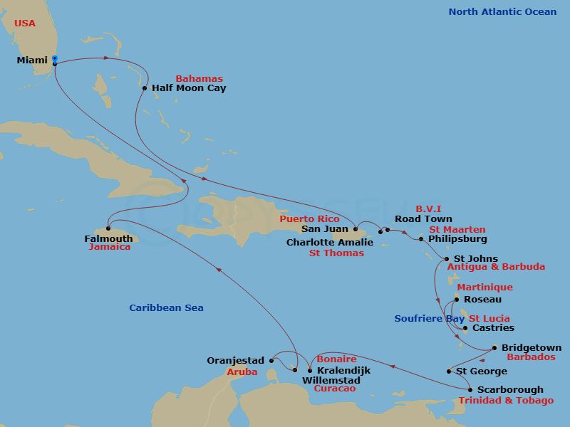 HAL Zuiderdam - 20 Night - Ultimate Caribbean : Bahamas to Abc Islands - HAL Zuiderdam - Starting in Miami, Florida, RelaxAway, Half Moon Cay, Bahamas, San Juan, Puerto Rico,.. itinerary map