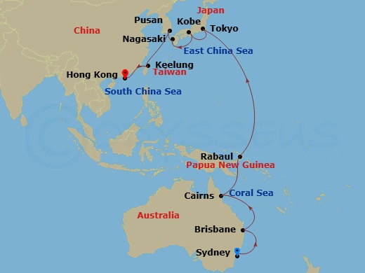 Costa Deliziosa - 26 Night - Round World from Sydney - Costa Deliziosa - Starting in Sydney AU, Brisbane, Cairns, Rabaul, Tokyo, Kobe (Kyoto), Nagasaki, Pusan, Keelung, Taiwan,.. itinerary map