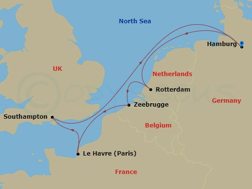 MSC Preziosa - 7 Night - Northern Europe - MSC Preziosa - Starting in Hamburg, Germany, Rotterdam (Amsterdam), Netherlands, Zeebrugge (Bruges), Belgium, Le Havre (Paris), Fr.. itinerary map