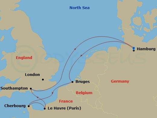 MSC Preziosa - 7 Night - Northern Europe - MSC Preziosa - Starting in Hamburg, Germany, Zeebrugge (Bruges), Belgium, Cherbourg (Mont Saint-Michel), France, Le Havre (Paris),.. itinerary map