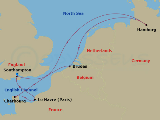 MSC Preziosa - 7 Night - Northern Europe - MSC Preziosa - Starting in Southampton (London), United Kingdom, Hamburg, Germany, Zeebrugge (Bruges), Belgium, Cherbourg (Mont Sa.. itinerary map