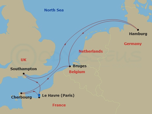 MSC Preziosa - 7 Night - Northern Europe - MSC Preziosa - Starting in Le Havre (Paris), France, Southampton (London), United Kingdom, Hamburg, Germany, Zeebrugge (Bruges), B.. itinerary map