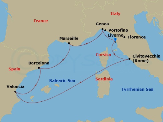 MSC Orchestra - 7 Night - Liv - MSC Orchestra - Starting in Livorno (Florence), Italy, Civitavecchia (Rome), Italy, Valencia, Spain, Barcelona, Spain, Marseille (Provence), F.. itinerary map